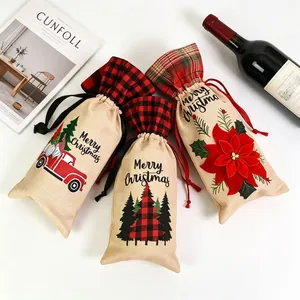 Three Christmas wine bottle gift bags with drawstring, plaid fabric and festive prints