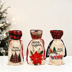 Three-piece Christmas wine bottle gift bags with rustic burlap texture and holiday patterns