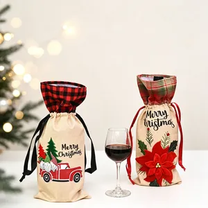 Close-up of Christmas wine bottle bags with truck and floral prints and drawstring finish