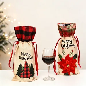 Christmas burlap wine bottle covers with drawstring festive plaid collar and tree designs