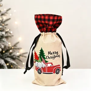 Detailed Christmas wine bottle bag with festive red truck and tree embroidery
