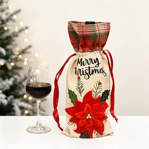 Detail of Christmas wine bottle cover with 3D red flower and Merry Christmas script