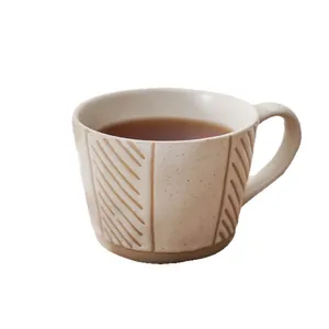 Hand-painted Japanese style stoneware coffee mug with minimalist vintage stripes