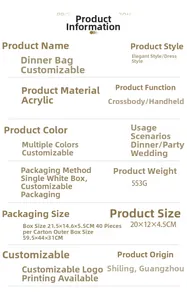Detailed specification chart for acrylic evening bag with dimensions and material info