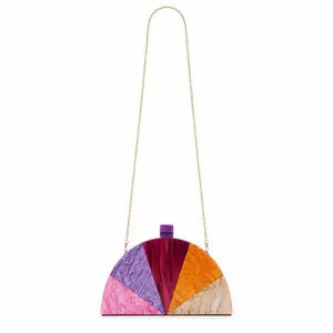 Semi-circle acrylic clutch bag with colorful marble patterns and gold metal chain