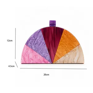 Detail of acrylic crossbody bag with colorful marble patterns and size dimensions