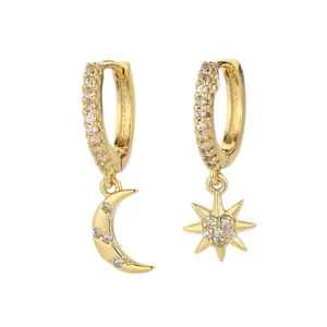 Asymmetric gold star and moon hoop earrings with white zircon pave minimalist jewelry