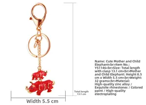 Detailed size specifications of a gold-plated elephant keychain with rhinestones and enamel