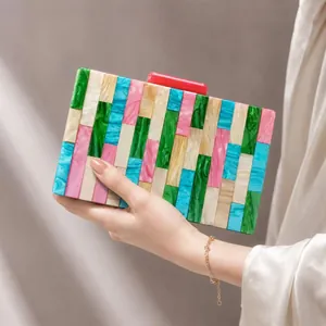 Colorful acrylic block patchwork evening clutch bag with gold chain strap for women