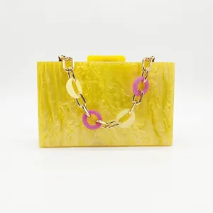 Sac De Soirée En Acrylique Marbre Jaune Coque Rigide Bandoulière Avec Chaîne En Métal Doré Pour Femmes Mariage Fête