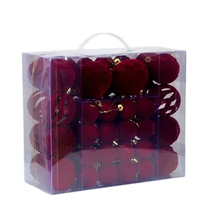 48pcs dark red flocked Christmas ball set in transparent box with diverse textures