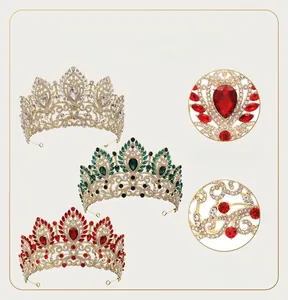 Detailed views of vintage crystal crowns featuring red, green, and white rhinestones