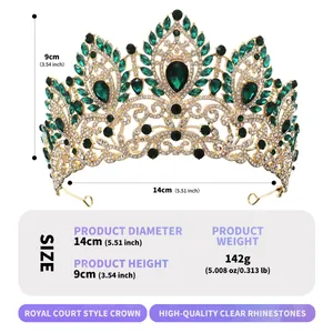 Luxury gold bridal crown with emerald green rhinestones for weddings and pageants