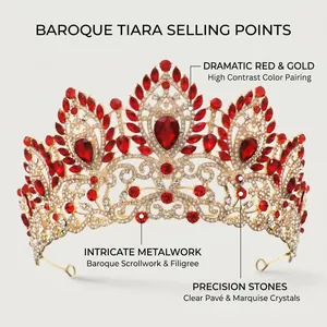 Detailed view of Baroque gold tiara with intricate filigree and red teardrop crystals