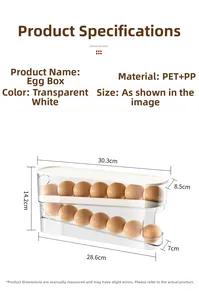 Detail view of the two-tier PET rolling egg organizer with precise dimension measurements