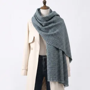 Elegant vintage small houndstooth scarf shawl for women in green and blue