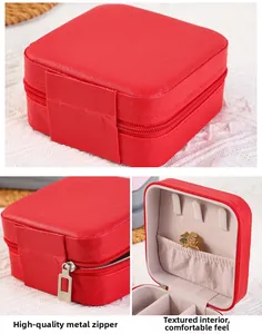 Red square PU leather jewelry box detail with high-quality zipper and soft velvet lining