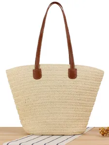 Women Large Capacity Paper Woven Tote Bag Mori Style Handmade Beach Shoulder Bag For Summer Vacation Travel Casual Handbag