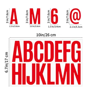 Detail showing 3-inch red bold letter and number stickers with precise size measurements