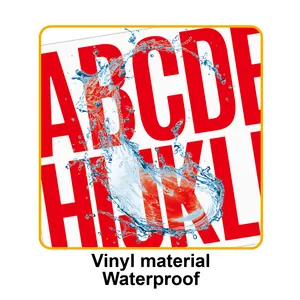 Close-up of waterproof red vinyl alphabet stickers showing high-quality water resistance