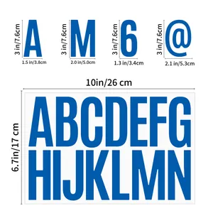 Detail view of 3-inch blue vinyl alphabet stickers showing exact product dimensions