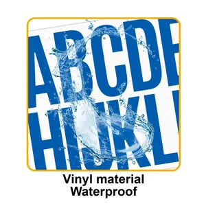 Close-up of waterproof vinyl blue letter stickers with splashing water effect