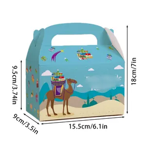 Blue festive party gift box with camel design and 15.5x9x18cm dimension annotations