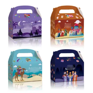 Set of four colorful Spanish Christmas gift boxes with festive holiday character illustrations