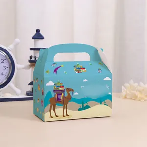 Detailed view of light blue gift box featuring a camel and desert illustration with handle