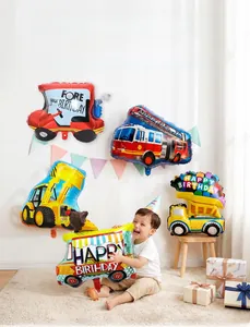 Vibrant cartoon transport foil balloon set featuring fire trucks and excavators for kids