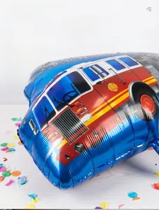 Detail of blue fire truck foil balloon showing thickened material seal and metallic texture