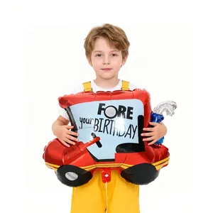 Vibrant red golf cart foil balloon for kids birthday party decoration with festive prints