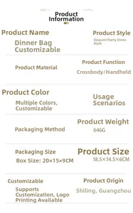 Specifications of acrylic evening clutch bag with size 18.5x14.5x6cm and 646g weight