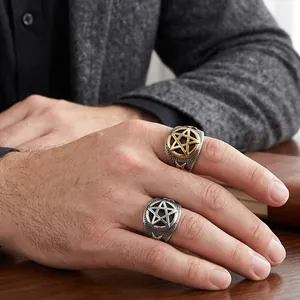 Men Pentagram Ring Titanium Steel Vintage Punk Biker Gothic Jewelry With Honeycomb Texture Gold Silver Black Two Tone