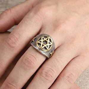 Retro punk hexagram titanium steel ring with a vintage two-tone finish for men