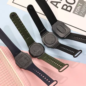Detail view of four LED watches showing stainless steel back case and silicone straps