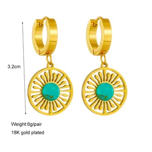 Detailed view of 18K gold plated stainless steel sun earrings with turquoise stone