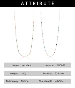 Macro view of S925 silver rainbow bead necklace showing plating and chain specifications