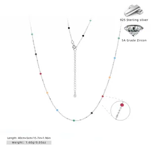 Detail of 925 sterling silver necklace with colored 5A zircon beads and lobster clasp