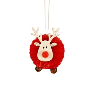 Christmas reindeer ornament with red felt ball, wooden antlers and small metal bells