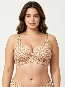 Detail of seamless leopard print bra set with deep V-neck and soft support design