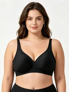 Front view of a seamless black plus size bra with wide straps for soft support and comfort