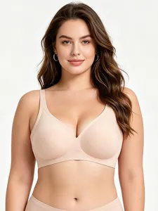 Front view of beige seamless deep V-neck bra with soft jelly support and wide straps