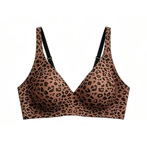 Deep V seamless leopard print bra for women with soft wireless support and adjustable straps