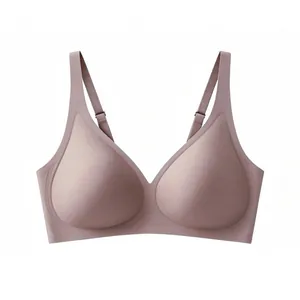 Seamless deep V wireless bra in nude pink with adjustable straps for women