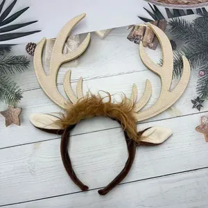 Detail of reindeer antlers headband with cream faux leather and soft brown plush texture