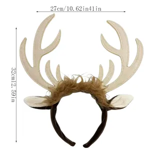 Detailed size view of Christmas reindeer antler headband with brown fur and white ears