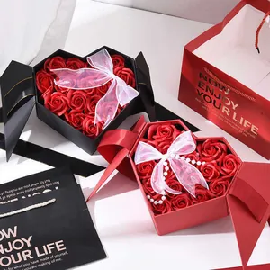 Elegant heart-shaped gift box with soap roses and matching ribbon tote bag