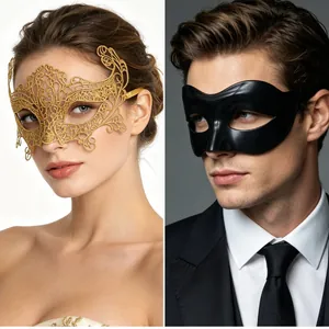 Detail of gold hollow lace masquerade mask and sleek black eye mask for party