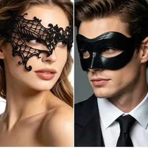 Detail showing elegant black lace spiderweb mask for women and matte eye mask for men